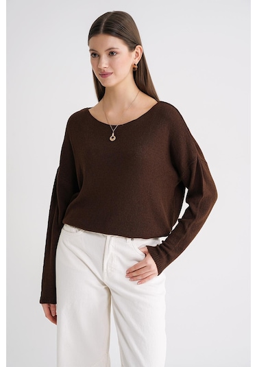 6933 Kadın Kayık Yaka İnce Mevsimlik Triko Kazak Kahve Kahve
