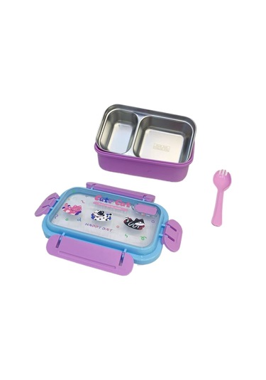 Küçük Kedi Paslanmaz Çelik Bölmeli Çocuk Yemek Seti - Sızdırmaz Mor