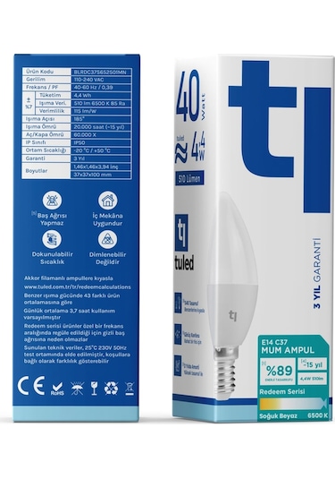 Redeem C37S E14 Mum Ampul, Titreşimsiz, Göz Konforu, 510 Lümen, Soğuk Beyaz, 6500 Kelvin