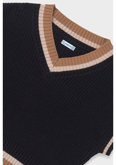 Kız Çocuk V Yaka Kontrast Şeritli Triko Süveter - Siyah SiYAH