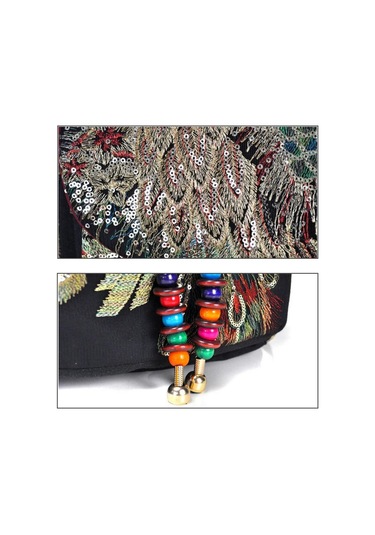 Siyah Vintage Kadın Sırt Çantası Nakış Tavuskuşu Payet Sırt Çantası Ulusal Boho Boncuk Seyahat Okul Çantası Siyah