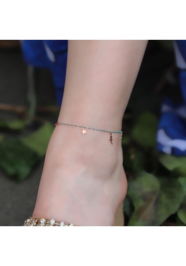 Mini Turkuaz Taşlı Figürlü Rose Gold Kaplama Gümüş Halhal Gümüş