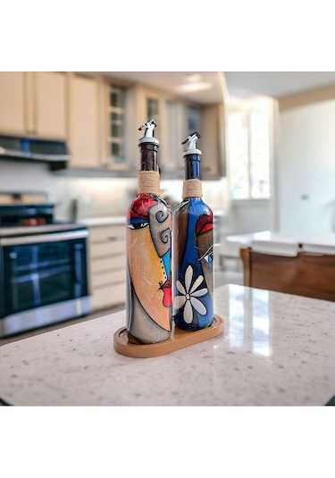 Modern Tasarımlı Soyut Yüz Desenli Renkli 750 Ml Zeytinyağı Sıvıy