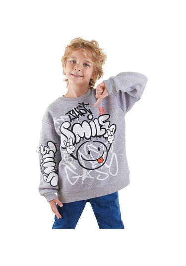 Denokids Just Smile Erkek Çocuk Gri Sweatshirt