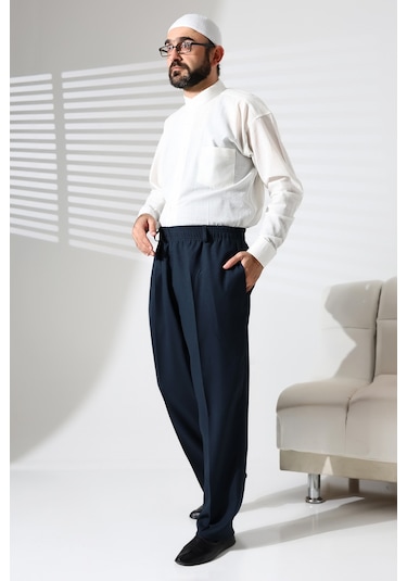 Erkek Beli Lastikli Cepli Hac Ve Umre Kışlık Yün Efektli Şalvar Pantolon - Yeşil İsr Yeşil