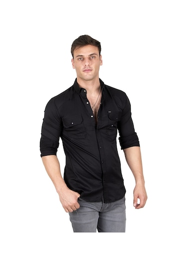 Deepsea Erkek Siyah Fitilli Çıtçıtlı Kot Gömlek 300421 Siyah