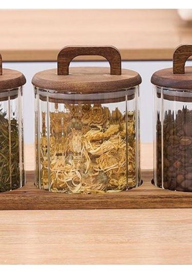 Qerhome 3'lü Borosilikat Cam Akasya Stantlı Akasya Kapaklı Çizgili Baharatlık 600 Ml ŞEffaf