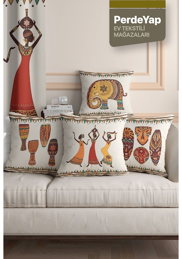 Afrika Sanatı Motifleri Desenli 4'lü Kırlent Kılıfı