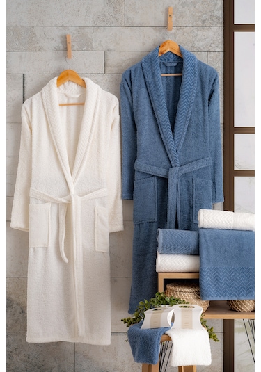 Oznhome Krem-mavi Çift Kişilik 6 Parça Bornoz Seti Krem - Mavi