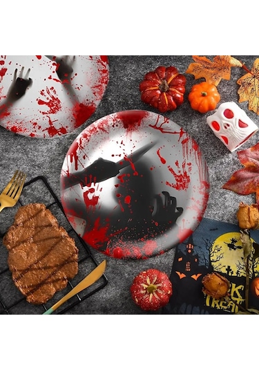 10 Adet Cadılar Bayramı Tek Kullanımlık Kan El İzi Sofra Korku Parti Dekorasyonu, Stil: 7 İnç Kağıt Tabaklar