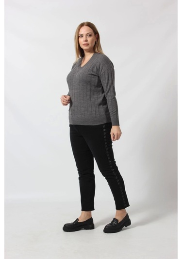 Y6328 Fındık Örgü Detaylı Triko Kazak Gri