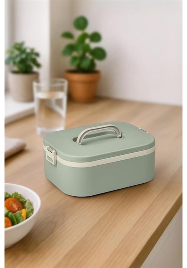 Okyanus Home Paslanmaz Çelik Hazneli Lunch Box Tek Katlı Kendinden Çatal Kaşıklı Beslenme Kutusu Yeşil Yeşil