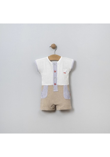 Yazlık Ayıcık Kafası Nakışlı Bebe Erkek Tulum Bej