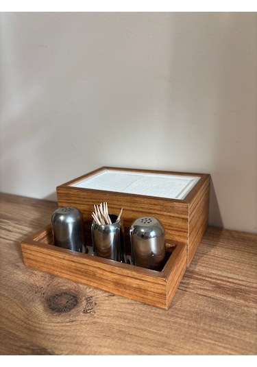 Mimoza Baharatlık Bölmeli Ahşap Masaüstü Peçetelik 6 Adet Restaurant Dispenser Afrika Ceviz Baharatlıklar Hariç