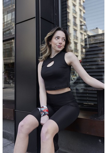 Yüksek Bel Biker Tayt Toparlayıcı Spor Şort Siyah