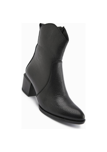 Hakiki Deri Siyah Renk Fermuarlı Kalın Topuk Sivri Burun Kadın Bot Siyah