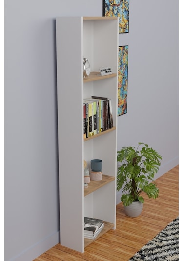5 Raflı Kitaplık Arkalıklı Dar Raf Kütüphane Beyaz - A.çam