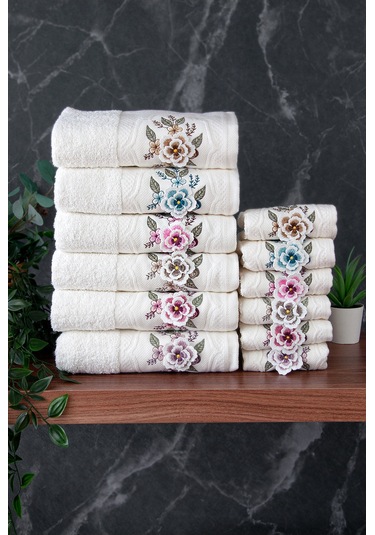 %100 Pamuklu 3d Çiçek İşlemeli 12 Li Analı Kızlı Çeyizlik Havlu Seti 50x90 Cm - 00030 Beyaz