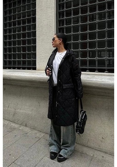 Fermuar Ve Kapşonlu Uzun Kapitone Mont 7062 Si Yah Siyah