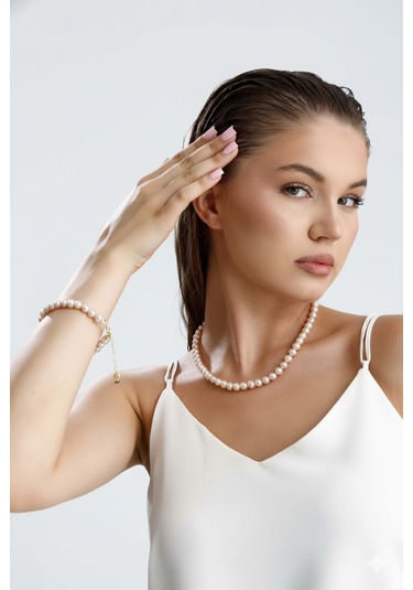 Pudra Pembe Doğal İnci Kolye Bileklik Set - Sarı