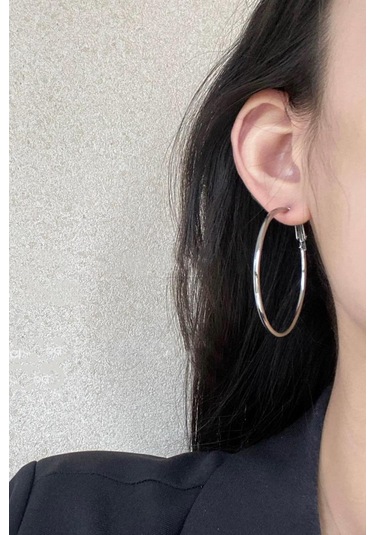 By Zeyna Aksesuar Kadın 316 L Çelik 5 Cm Halka Küpe-5058 Gümüş