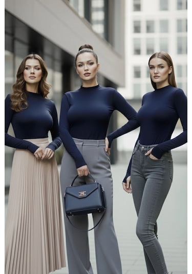 3 Lü Parmak Geçmeli Kadın Body Seti Lacivert