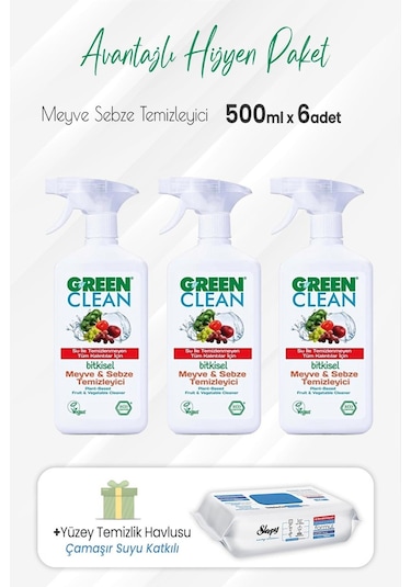 U Green Clean Meyve Sebze Temizleyici 3 x 500 ML + Sleepy Çamaşır Sulu Temizlik Havlusu 100'lü