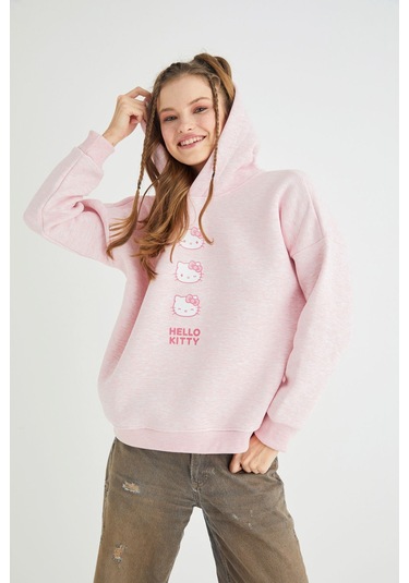Hello Kitty Lisanslı Baskılı Kapüşonlu Pembe Sweatshirt Renkli