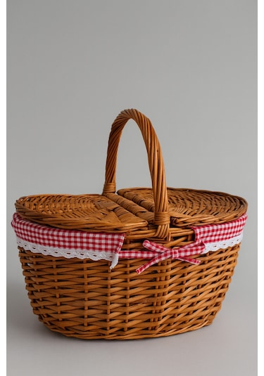 Kırmızı Ekoseli Kapaklı Piknik Sepeti 40x30x19 Cm Hasır Görünümlü Termoform Sepet Kahverengi