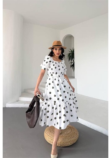 Neşeli Butik Kadın Kemerli Kare Yaka Çiçekli Midi Boy Elbise Nbks4104 Beyaz