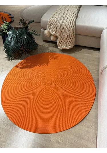 Turuncu Jüt Yuvarlak Hasır Görünümlü Klasik Halı Kilim Turuncu