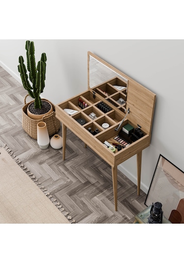 2222 Flora Düşer Kapaklı Aynalı Ahşap Ayaklı 80cm Makyaj Masası