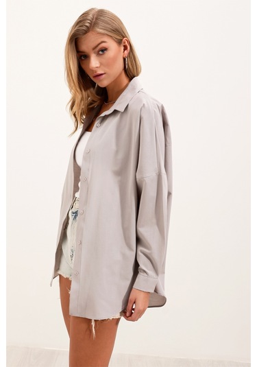 3900 Oversize Uzun Basic Gömlek - Gri 001