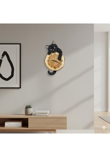 Cajuart Kütük Üzerinden Bakan Siyah Kedi Tasarımlı Duvar Saati Modern Dekoratif Saat Kahverengi