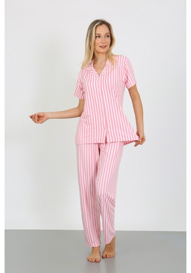 Nisanca Kısa Kollu Milan Gömlek Pijama Takımı- Genç Anne Serisi Pembe