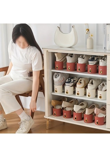 Fochsia Fildişi Beyaz Ve Kırmızı-kahverengi 10 Adet Katlanır Ayakkabı Askılığı, Dikey Çizgili, Altın Halkalı, Şık Ve Tasarruflu. Fildişi Beyazı Taban + Kahverengi-kırmızı İnsert