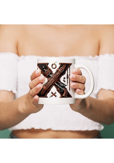 X Harfi Kovboy Temalı Bardak 330 Ml İsim / Harf Kişiye Özel Hediye - Vahşi Batı Konsept Beyaz