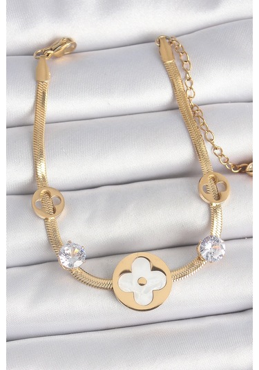 316l Çelik Gold Renk İtalyan Zincir Beyaz Mineli Yonca Model Zirkon Taş Detaylı Kadın Bileklik Çok Renkli