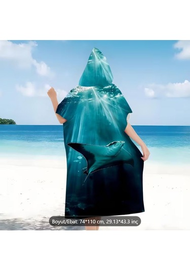 Sualtı Dünyası Manta Temalı Kapüşonlu Bornoz Karışık