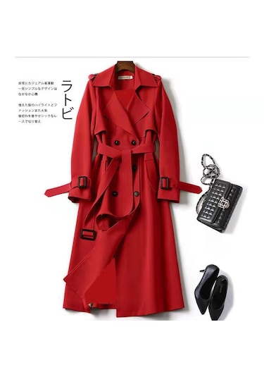 Uzun Moda İngiliz Tarzı Şık Tesettüre Uygun Dış Giyim Kadın Ceket Kırmızı