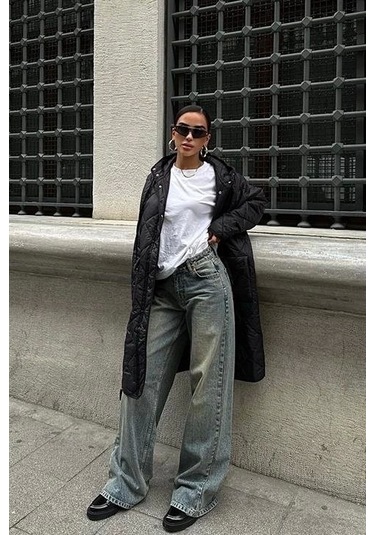 Fermuar Ve Kapşonlu Uzun Kapitone Mont 7062 Si Yah Siyah