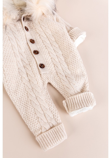 Triko Örgü Kışlık İçi Welsoft Astarlı Kapüşonlu Kız/erkek Bebek Tulum Bej