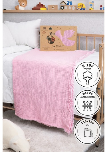 Favora Pamuk 4 Katlı Müslin Bebek Örtüsü 110x110 Cm - Pembe