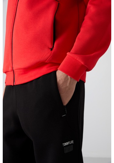 Tommy Life Fiesta - Siyah Pamuklu Kalın Yumuşak Dokulu Comfort Fit Baskılı Erkek Eşofman Takım - 85236 Kırmızı - Siyah