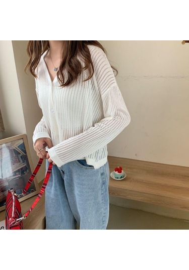 Beyaz Kadın İlkbahar Ve Yaz V Yaka Delikli Uzun Kollu Klimalı Gömlek İçin İnce Örgü Güneş Koruyucu Hırka Ceket Beyaz