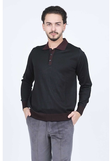 Ateş Triko Erkek Polo Yaka Yün Kazak 6091903 Siyah Siyah