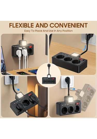 Xuweiwei 8 İnç Siyah Gece Lambası 3 Renk Ayarlanabilir Parlaklık 3 Ac Soket 3 Usb 2 Tip-c Duvar Şarj İstasyonu Ev Ofis Seyahat İçin