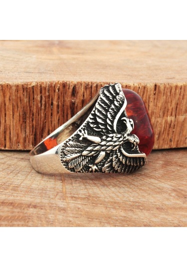 Baltık Kehribar Taşlı Çift Başlı Kartal Desenli Gümüş Erkek Yüzük