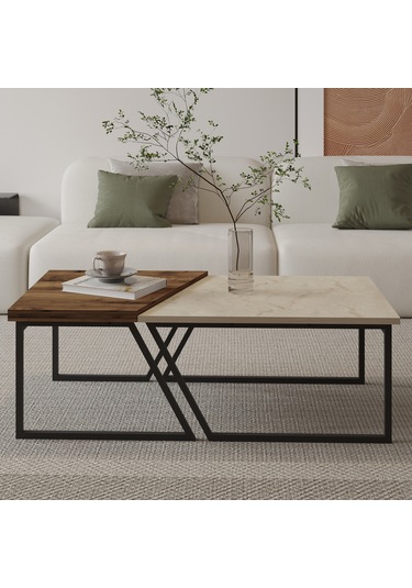 Verona İkili Orta Sehpa Modern Tasarım Metal Ayaklı Sehpa Seti Traverten/antik Ceviz