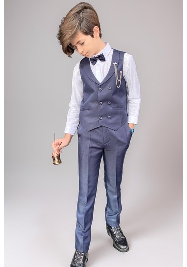 Riccotarz Erkek Çocuk Cepken Yelekli Şal Yaka Lacivert Takım Elbise 10-16 Yaş Lacivert